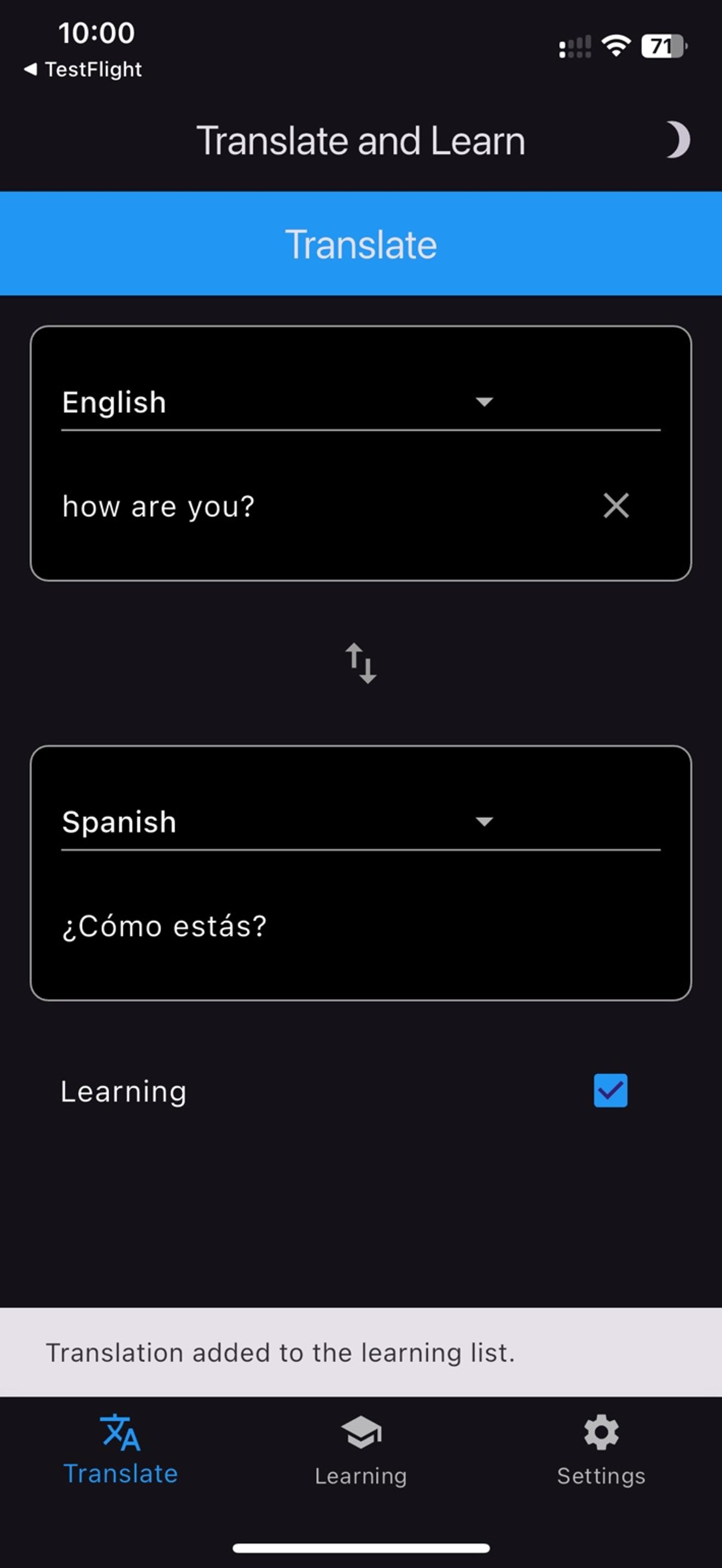 TransLearn screenshot - vocabulary list
